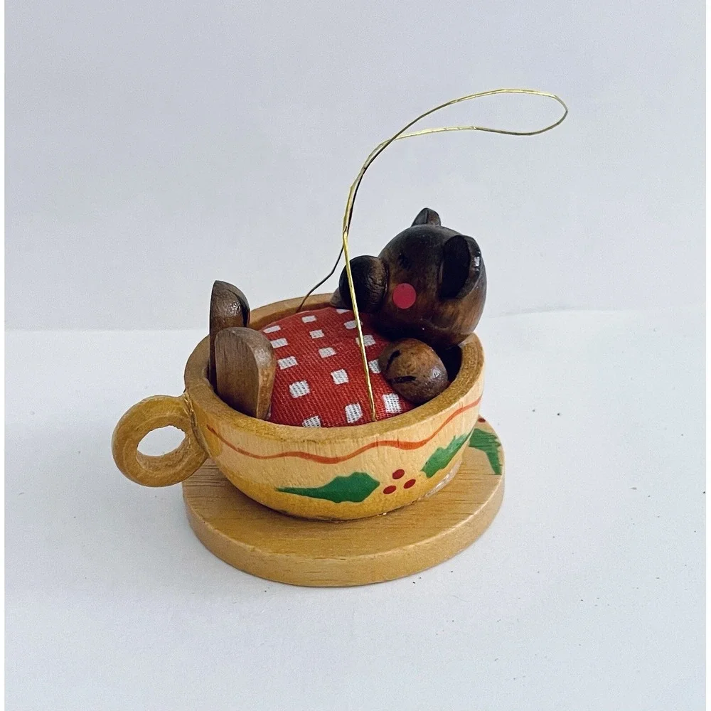 Vintage Taiwan R DAKIN Wooden Bear In A Teacup Ornament Handpainted